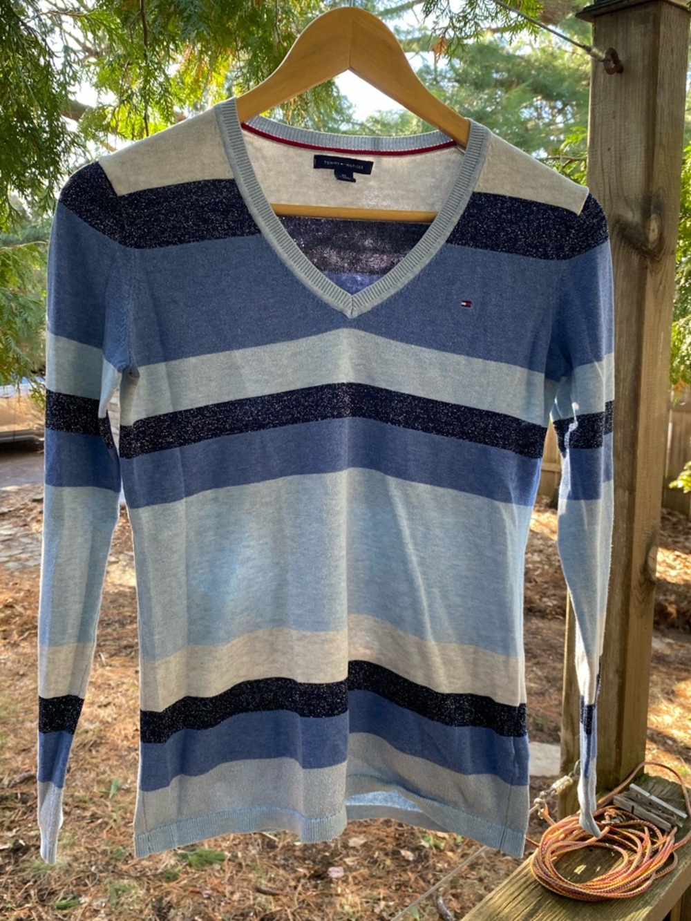 Tommy Hilfiger Blue Striped V-neck Shirt Size XS Y2K 2010s Cute Schoolgirl